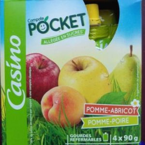 Compote Pocket Refermable Allégée en Sucres Pomme-Abricot / Pomme-Poire – Casino – 4 x 90g
