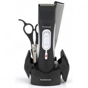 Tondeuse Sans Fil grise Techwood. Longueur de coupe ajustable de 3 à 12mm + Ciseaux – Peigne – Brosse et huile