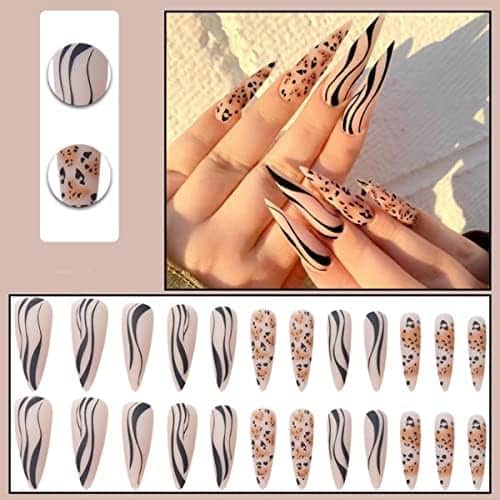 French leopard nails « Superbe Set de 24 Faux Ongles Stiletto Amande à Motif Léopard avec Colle – JUSTOTRY Noir French Press-On Nails pour Femme et Fille » – Image 4